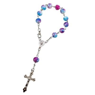 10-tka Różańca Zapinana Szkło Niebiesko - Różowa A104NR