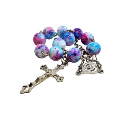 10-tka Różańca Zapinana Szkło Niebiesko - Różowa A104NR