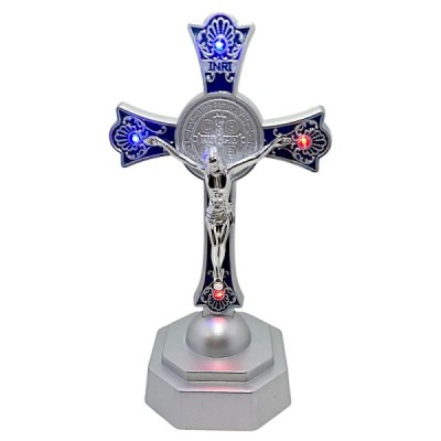 Krzyż Stojący LED 18cm niebieski plastik 2079A