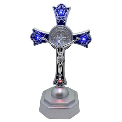Krzyż Stojący LED 18cm niebieski plastik 2079A