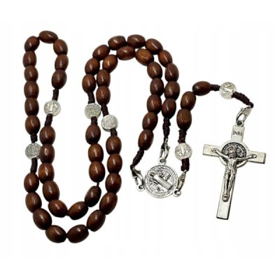 Różaniec drewno brąz zapinany Benedykt R1944B