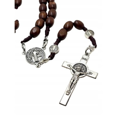 Różaniec drewno brąz zapinany Benedykt R1944B