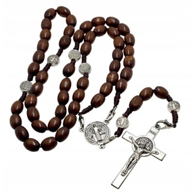 Różaniec drewno brąz zapinany Benedykt R1944B