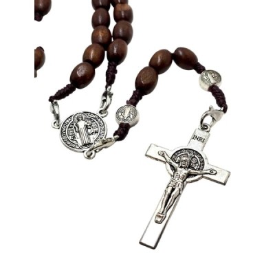 Różaniec drewno brąz zapinany Benedykt R1944B