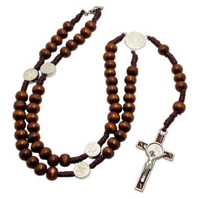 Różaniec zapinany drewno brąz Benedykt M38CB