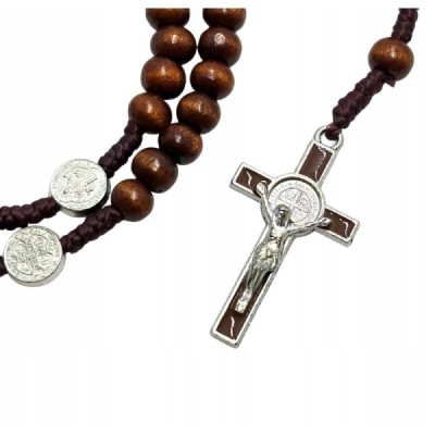 Różaniec zapinany drewno brąz Benedykt M38CB
