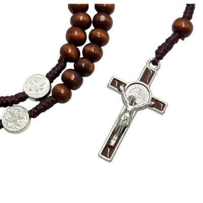Różaniec zapinany drewno brąz Benedykt M38CB
