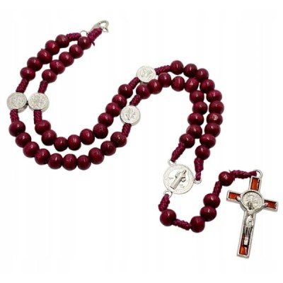 Różaniec zapinany drewno bordo Benedykt M38B