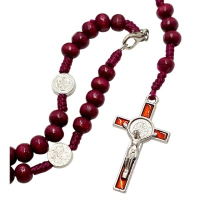 Różaniec zapinany drewno bordo Benedykt M38B