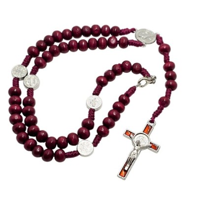 Różaniec zapinany drewno bordo Benedykt M38B