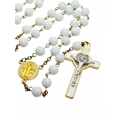 Różaniec szklany Benedykt biały R169-1B