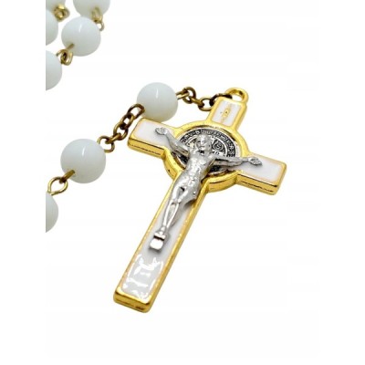 Różaniec szklany Benedykt biały R169-1B