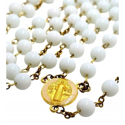 Różaniec szklany Benedykt biały R169-1B