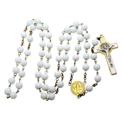Różaniec szklany Benedykt biały R169-1B
