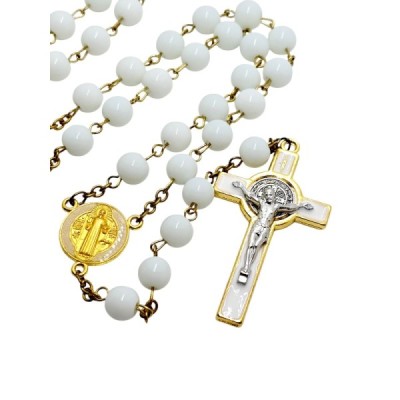Różaniec szklany Benedykt biały R169-1B