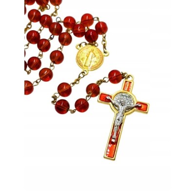 Różaniec szklany Benedykt czerwony R169C