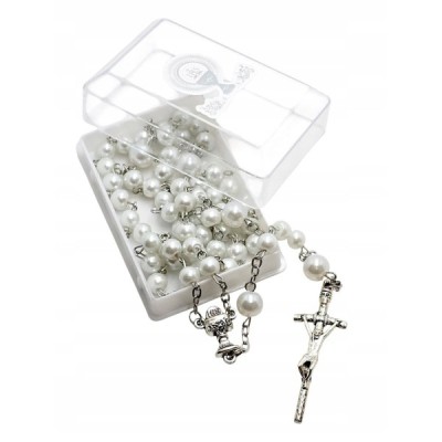Różaniec Komunijny biały pudełko M173