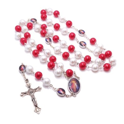 Różaniec biało/czerwone kulki  - JUT/Faustyna R95