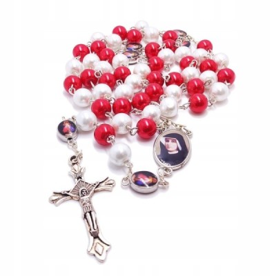 Różaniec biało/czerwone kulki  - JUT/Faustyna R95