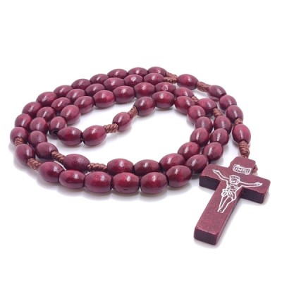 Różaniec drewniany na sznurku owal bordo 046